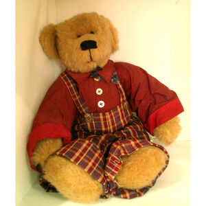 Vintage Amish Jointed Collectible Teddy Bear - Maroon Shirt & Coordinating Plaid